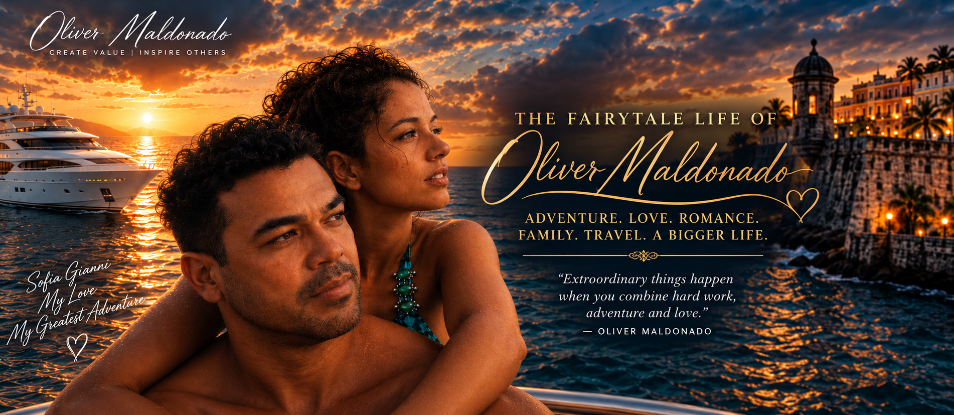 Oliver Maldonado Story Banner — The Fairytale Life of Oliver Maldonado with Sofia Gianni, adventure, love, romance, family, travel, Puerto Rico and a bigger life